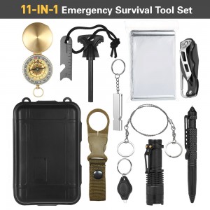 12-IN-1 Outdoor Emergency Survival Tool Set Pocket Cutter Whistle Compass Flashlight Wire Saw Emergency Blanket Pen Flint Fire Starter Camping Hiking Fishing Exploration Emergency Tool Kit